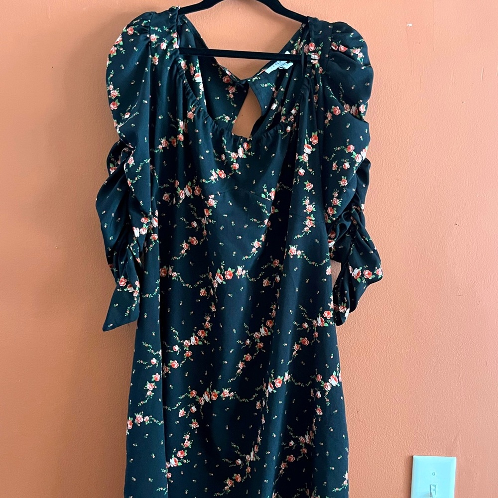 Topshop Black Floral Puff Long Sleeve Dress